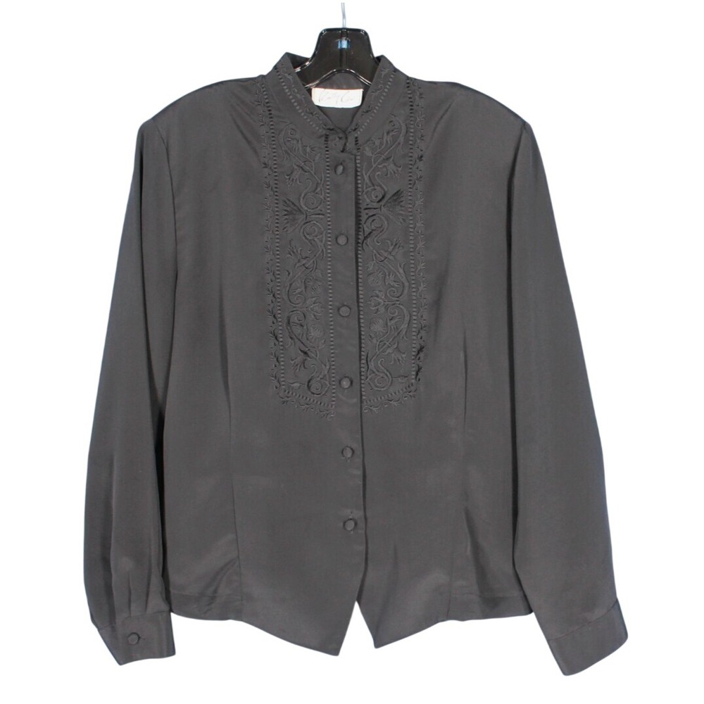 VTG KATHY CHE Black CREPE SATIN Button-Up FLORAL ENBROIDERED Blouse/Top Sz 16